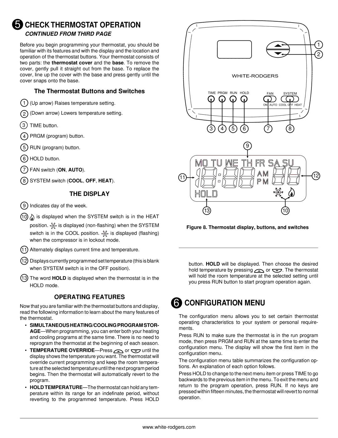 White Rodgers 1F78H installation instructions Configuration Menu, Thermostat Buttons and Switches, From Third 