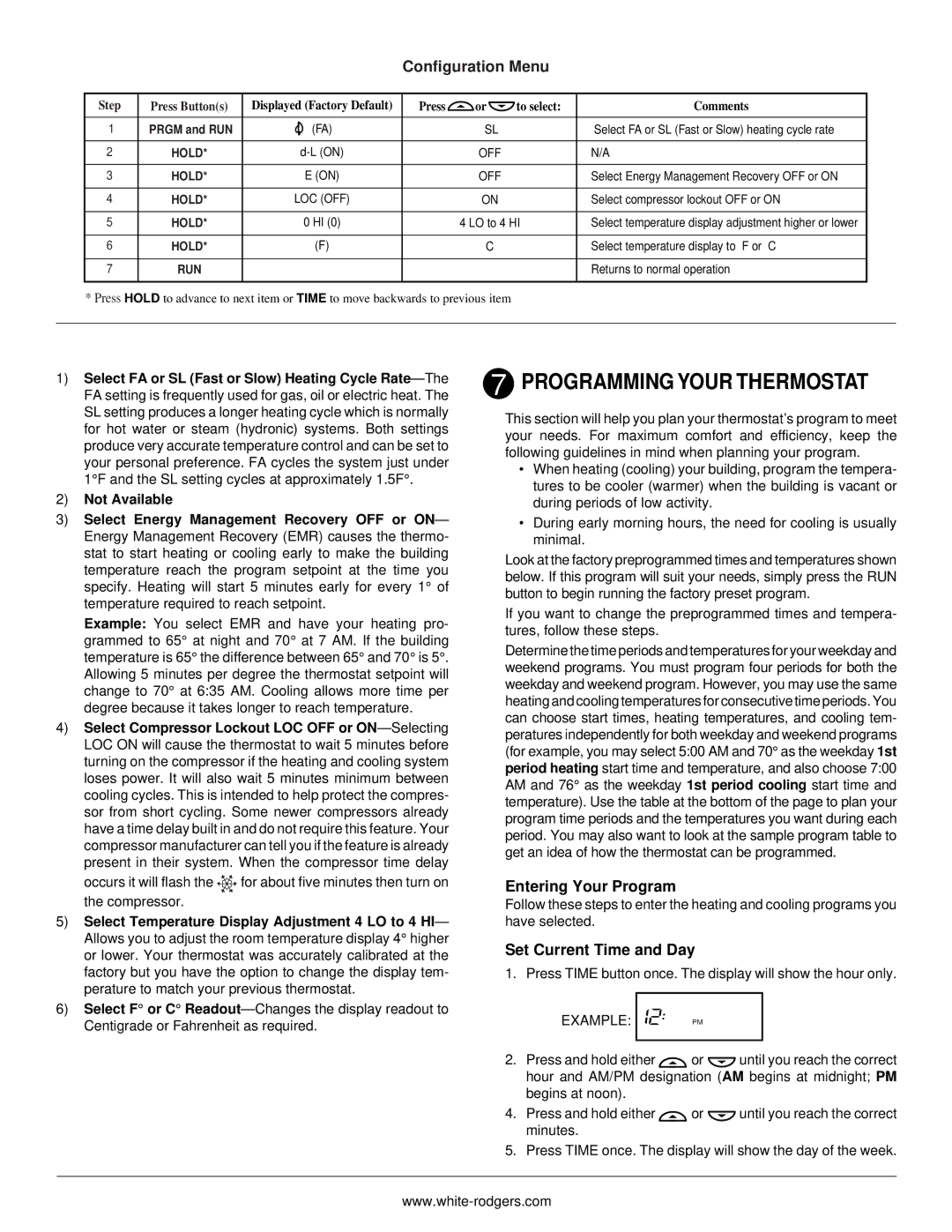 White Rodgers 1F78H Programming Your Thermostat, Configuration Menu, Entering Your Program, Set Current Time and Day 