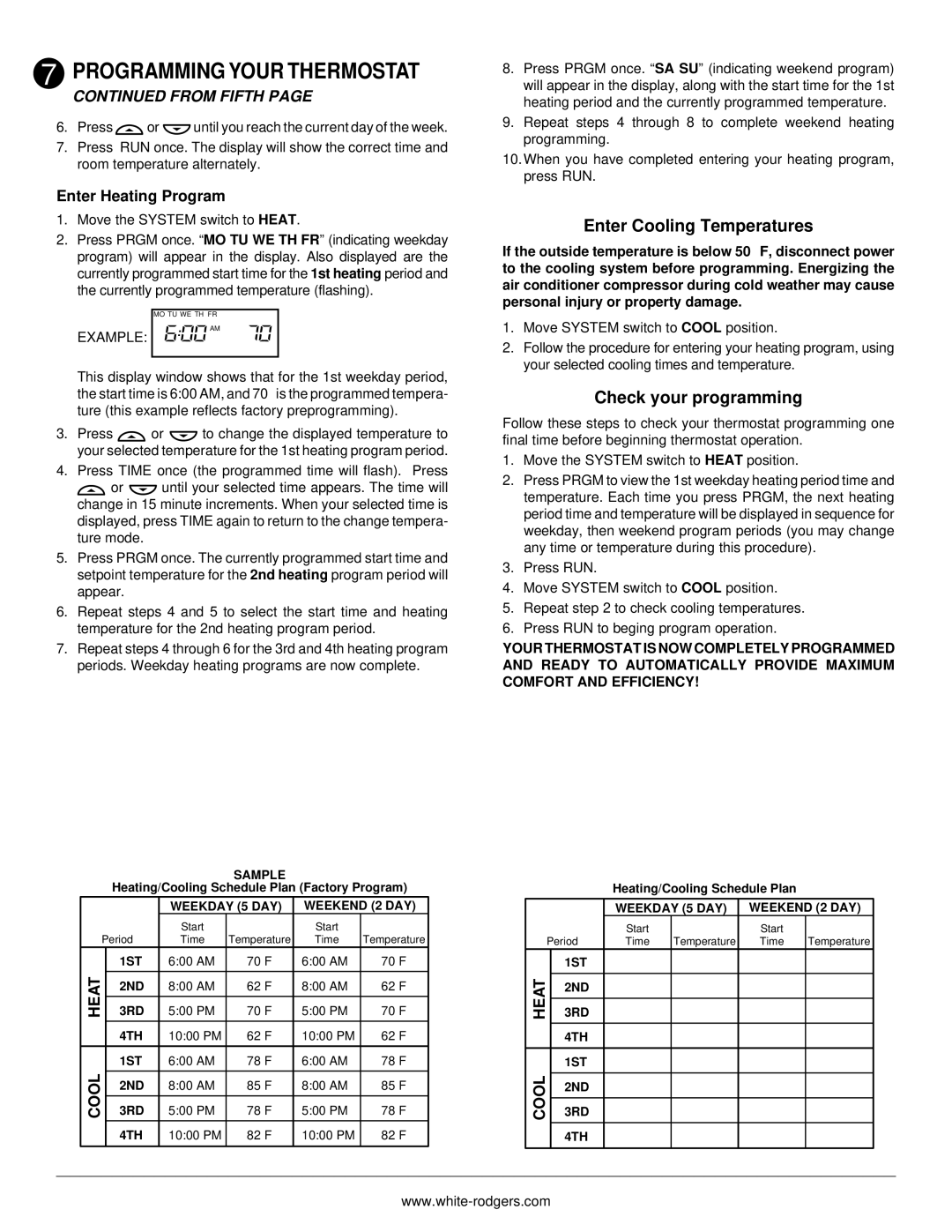 White Rodgers 1F78H Enter Cooling Temperatures, Check your programming, From Fifth, Enter Heating Program 