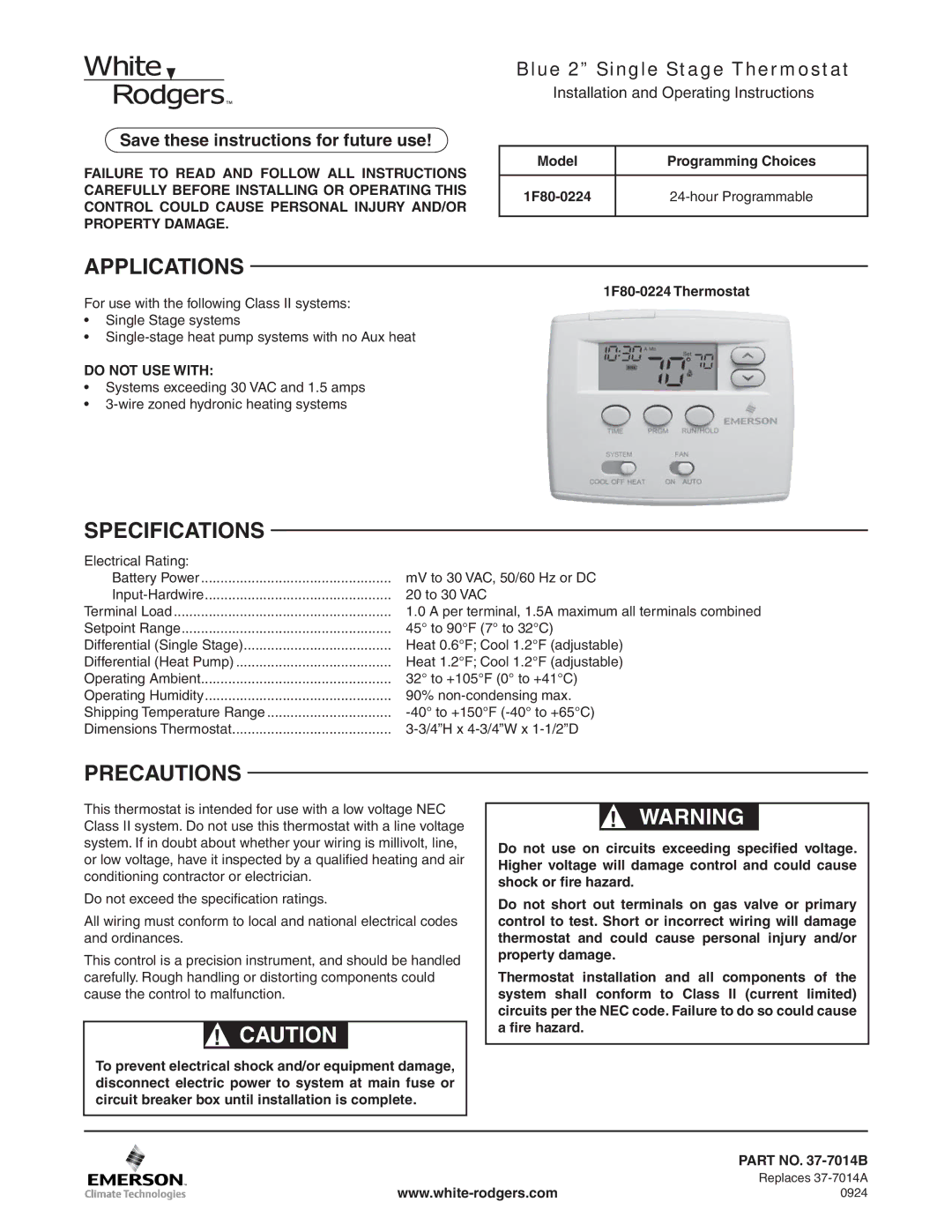 White Rodgers 1F80-0224 specifications Applications, Specifications, Precautions, Model Programming Choices 