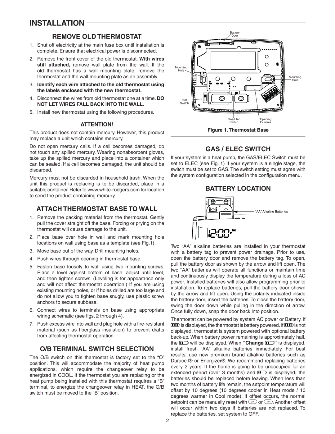 White Rodgers 1F80-0224 specifications Installation 