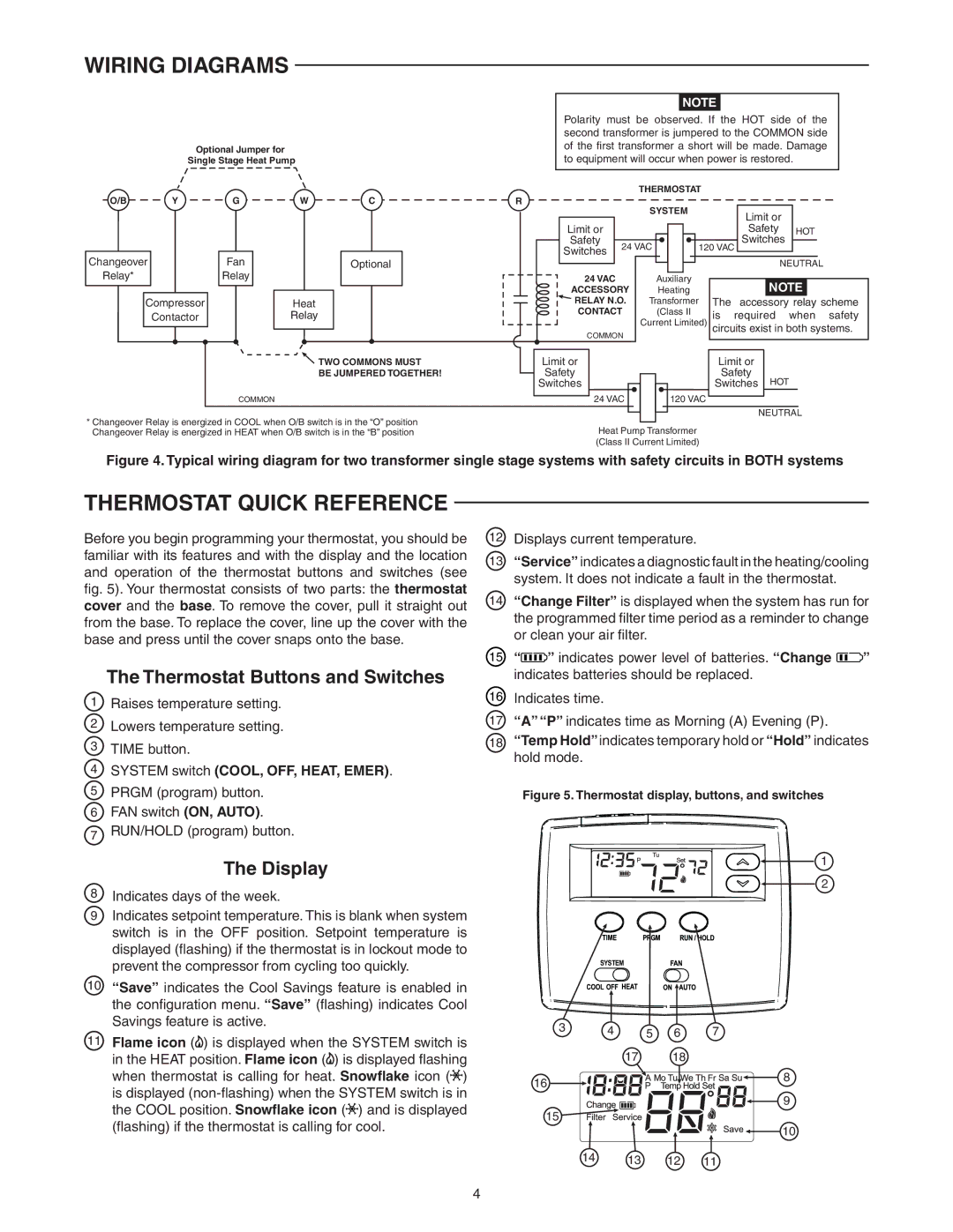 White Rodgers 1F80-0224 specifications Thermostat Quick Reference, Thermostat Buttons and Switches, Display 