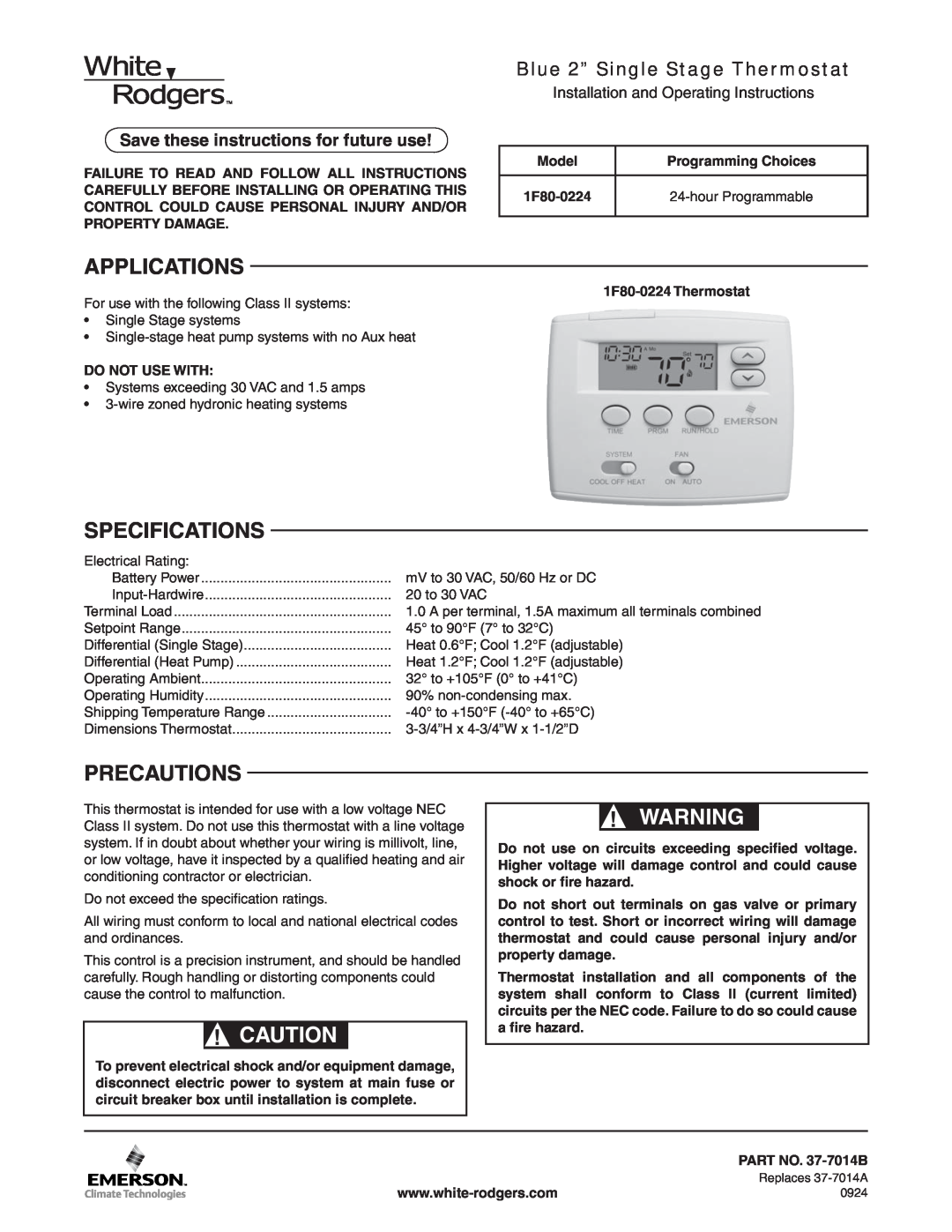 White Rodgers 1F80-0224 specifications Applications, Specifications, Precautions, Blue 2” Single Stage Thermostat 