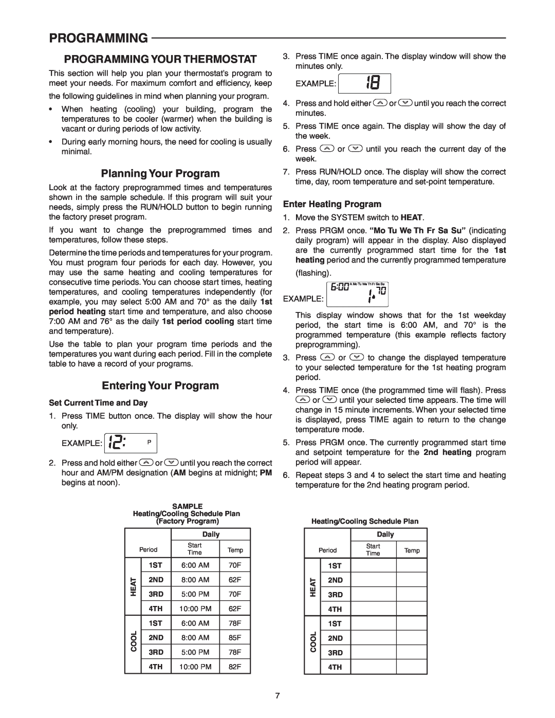 White Rodgers 1F80-0224 specifications Programming Your Thermostat, Planning Your Program, Entering Your Program 