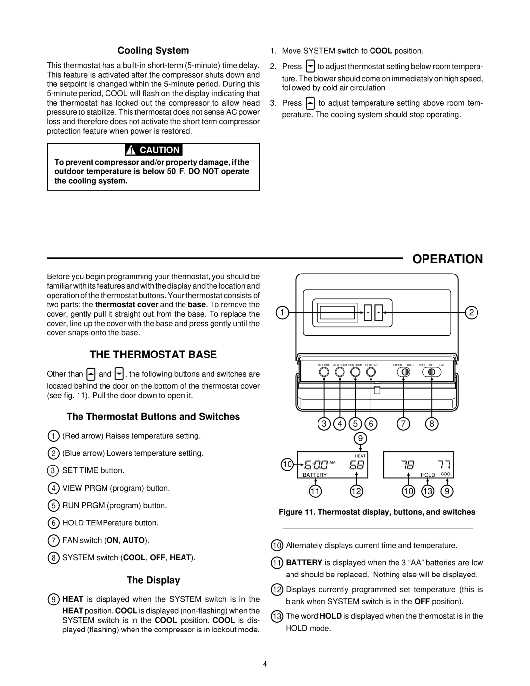 White Rodgers 1F80-24 specifications Operation, Thermostat Base, Cooling System, Thermostat Buttons and Switches, Display 