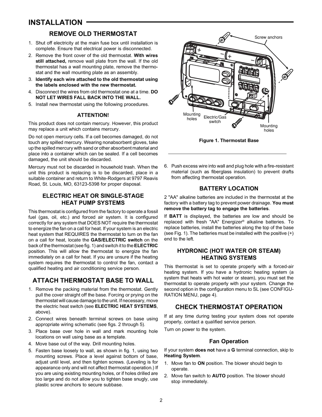 White Rodgers 1F80-240 Installation, Remove OLD Thermostat, Attach Thermostat Base to Wall, Check Thermostat Operation 