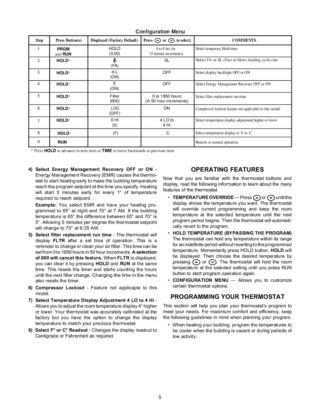 White Rodgers 1F80-240 Operating Features, Programming Your Thermostat, Select Temperature Display Adjustment 4 LO to 4 HI 