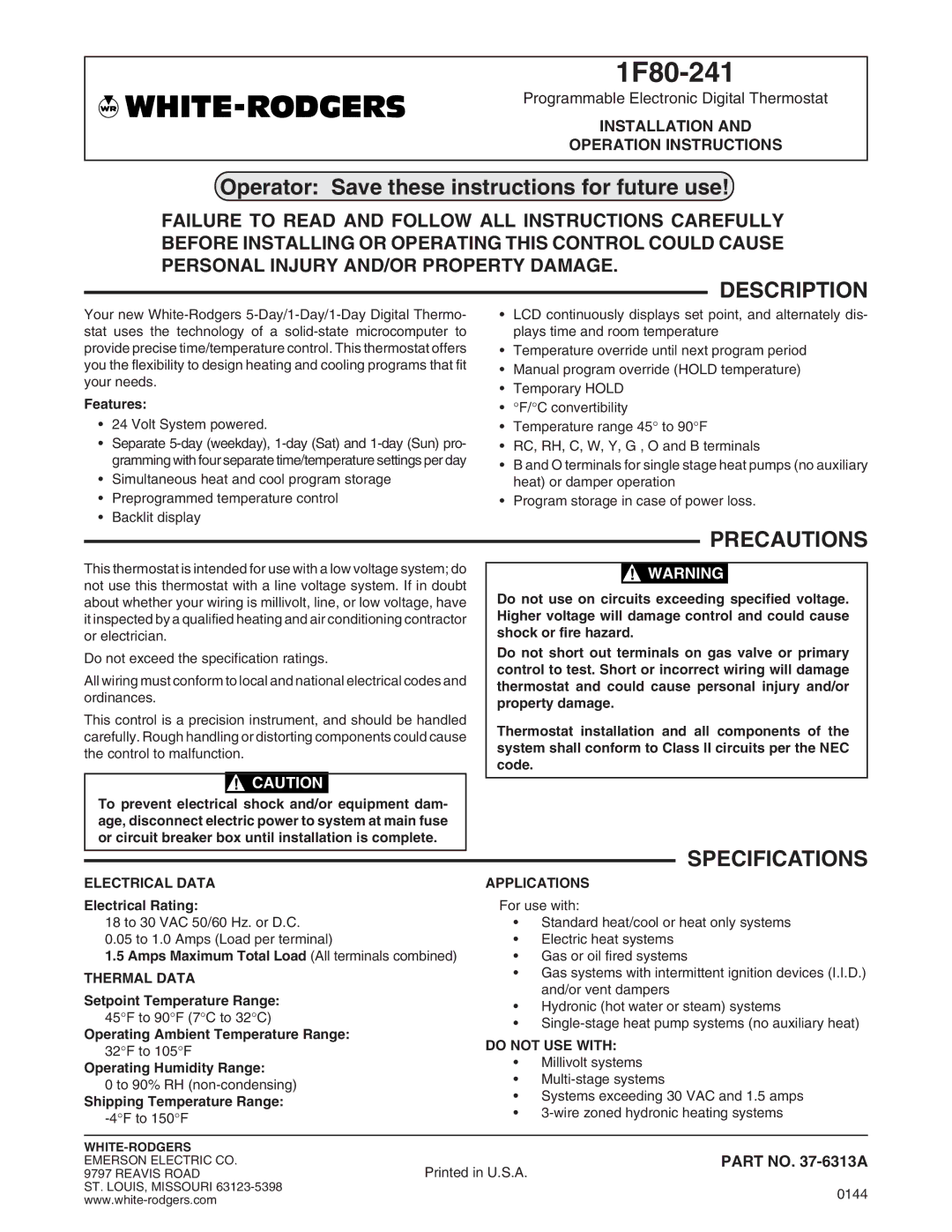 White Rodgers 1F80-241 specifications Description, Precautions, Specifications, Part no -6313A 