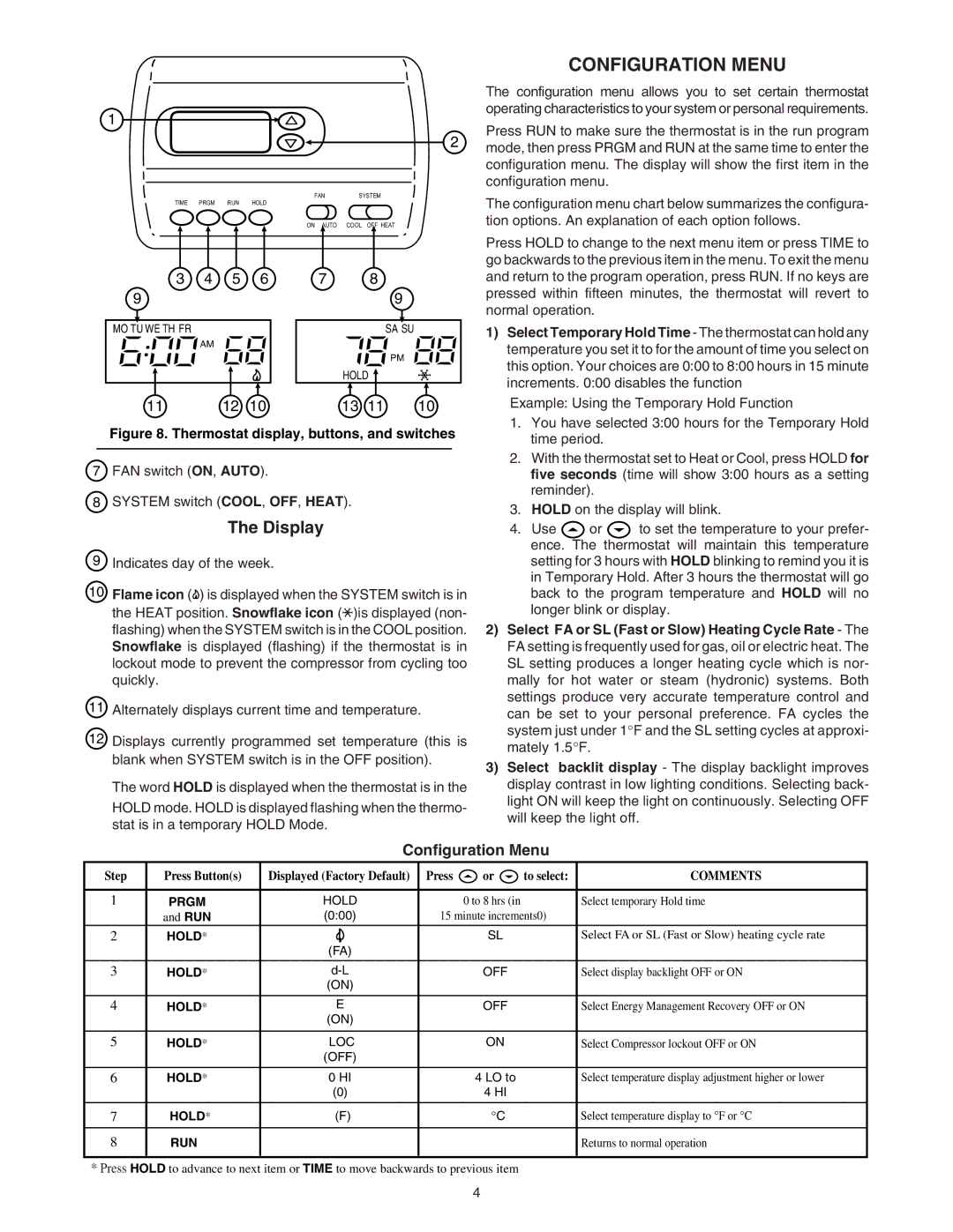 White Rodgers 1F80-241 specifications Configuration Menu, Display, FAN switch ON, Auto System switch COOL, OFF, Heat 