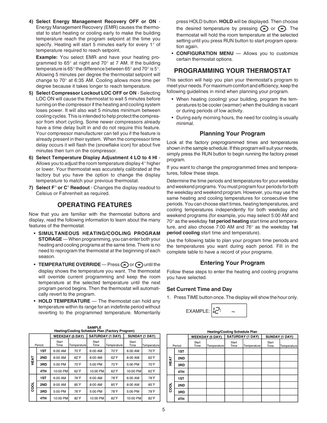 White Rodgers 1F80-241 Operating Features, Programming Your Thermostat, Planning Your Program, Entering Your Program 