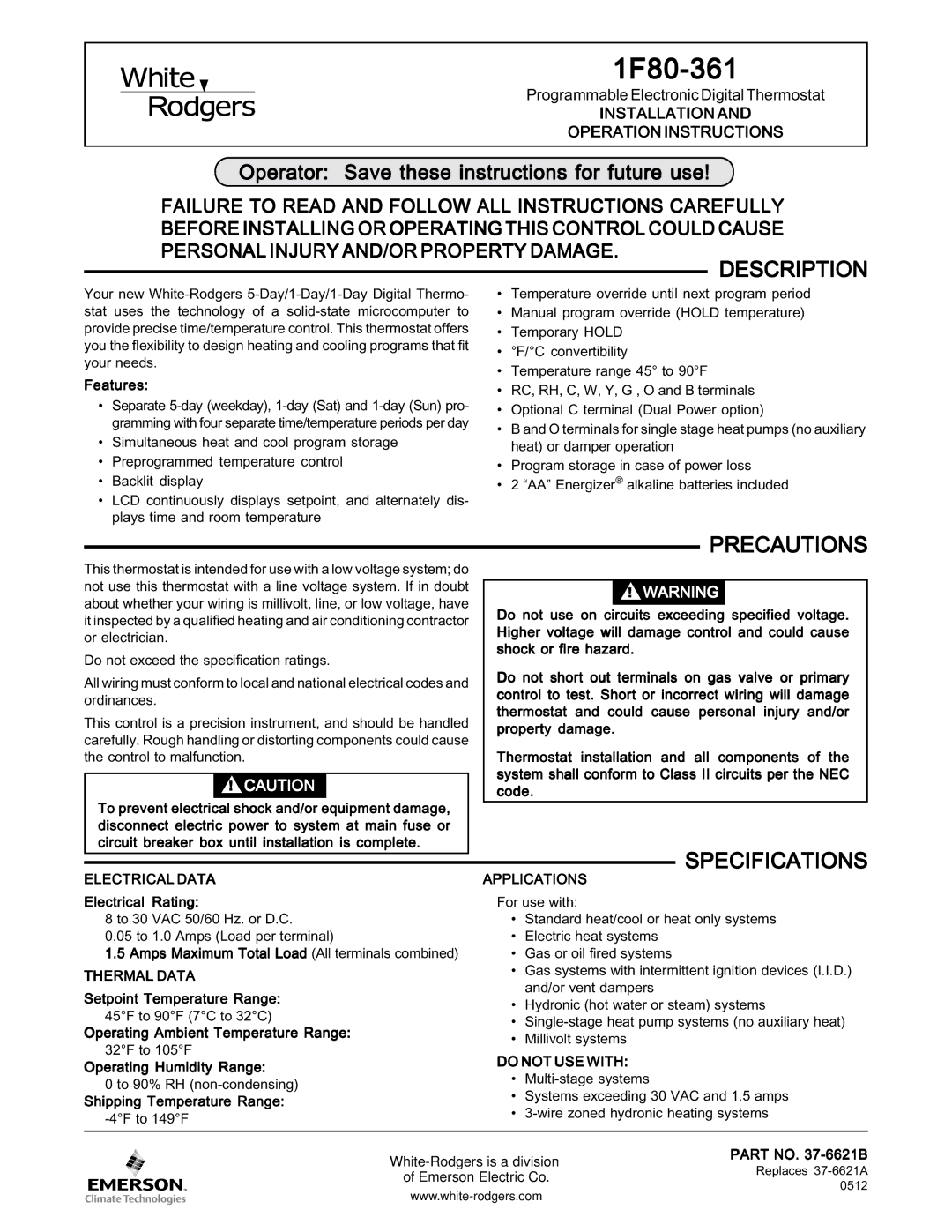 White Rodgers 1F80-361 specifications Description, Precautions, Specifications 