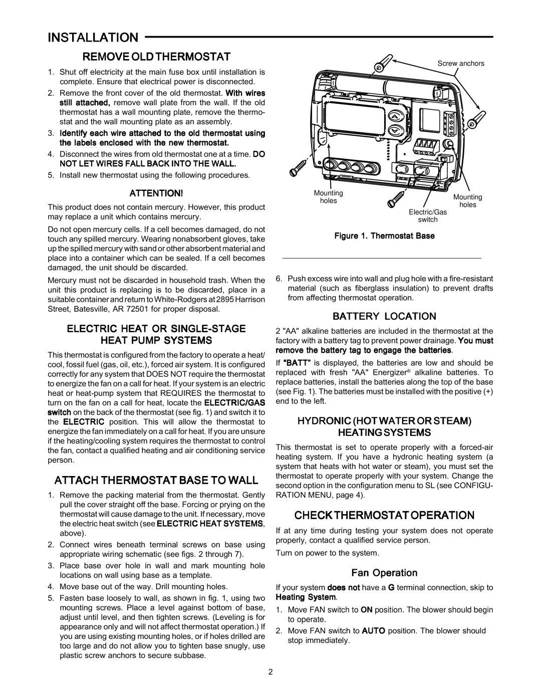 White Rodgers 1F80-361 Installation, Remove OLD Thermostat, Attach Thermostat Base to Wall, Check Thermostat Operation 