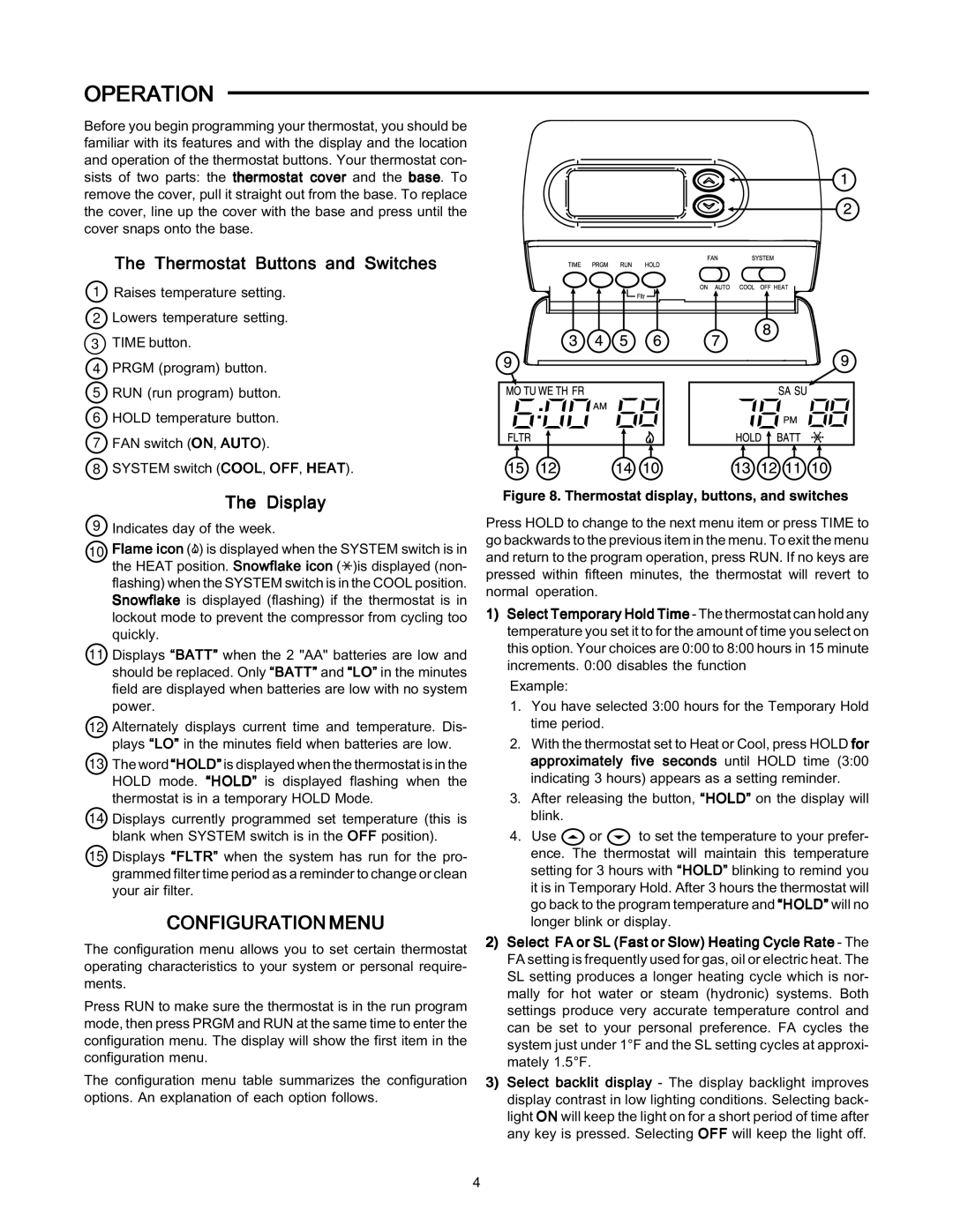 White Rodgers 1F80-361 specifications Operation, Configuration Menu, Thermostat Buttons and Switches, Display 