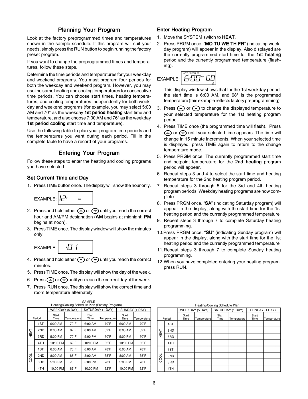 White Rodgers 1F80-361 Planning Your Program, Entering Your Program, Enter Heating Program, Set Current Time and Day 