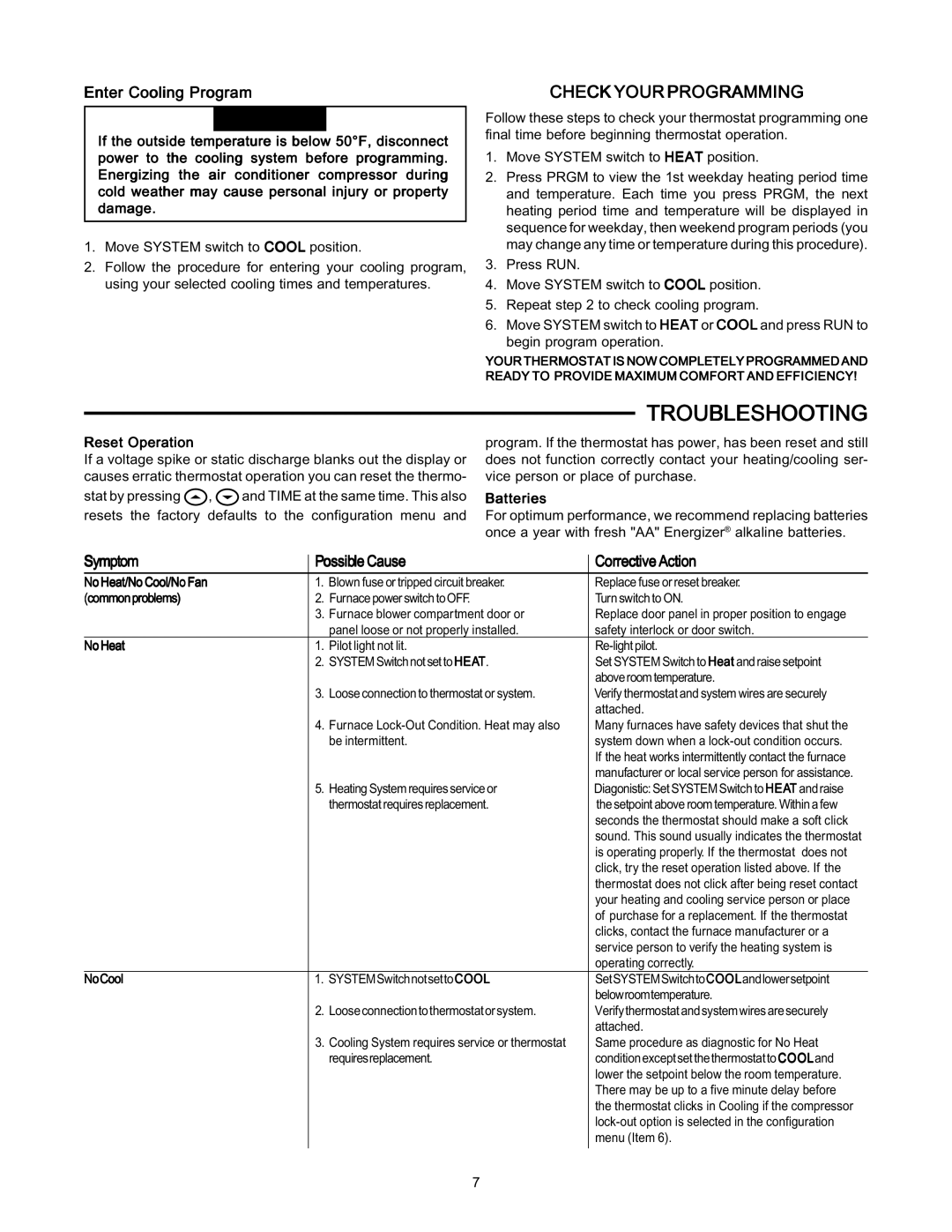 White Rodgers 1F80-361 specifications Troubleshooting, Check Your Programming, Enter Cooling Program 