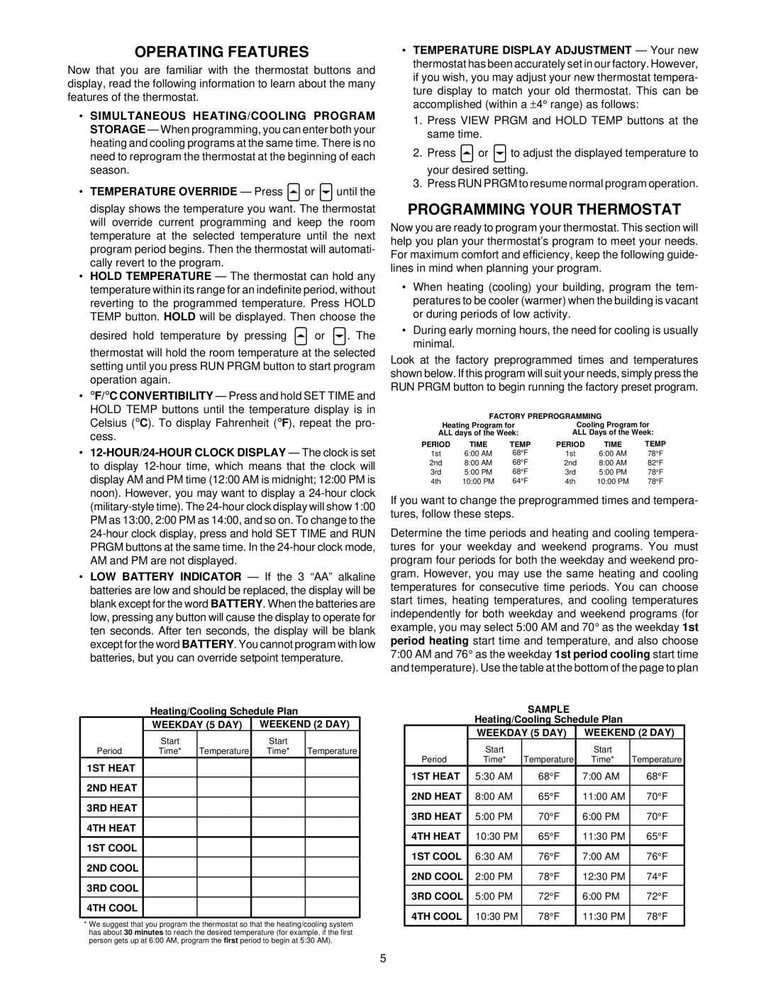 White Rodgers 1F80-41 specifications Operating Features, Programming Your Thermostat 