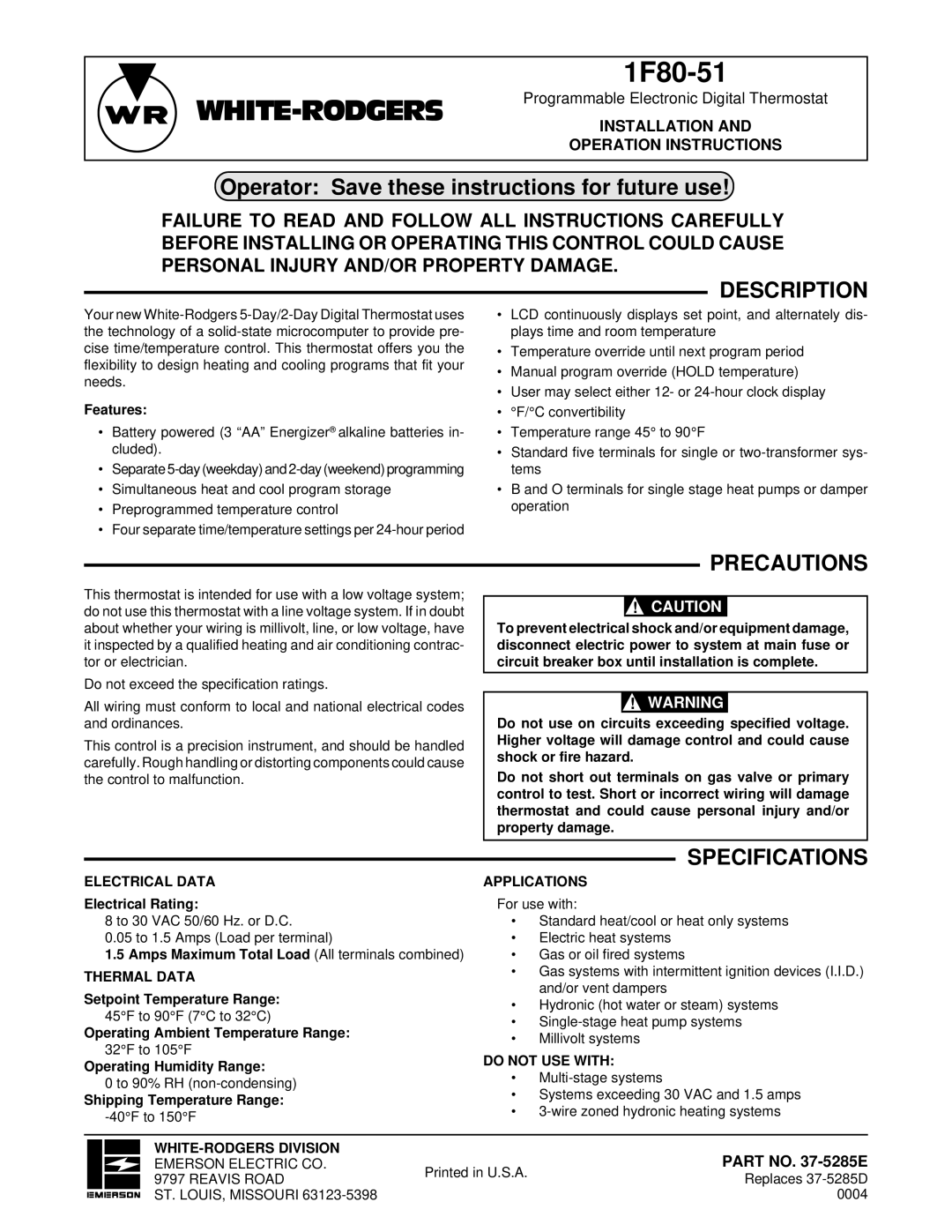 White Rodgers 1F80-51 specifications Description, Precautions, Specifications 