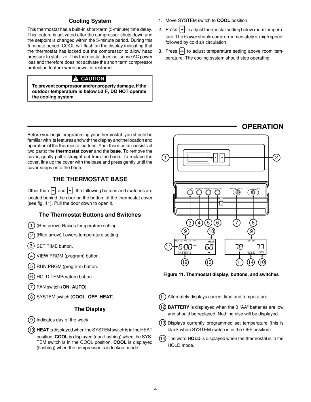 White Rodgers 1F80-51 specifications Operation, Thermostat Base, Cooling System, Thermostat Buttons and Switches, Display 