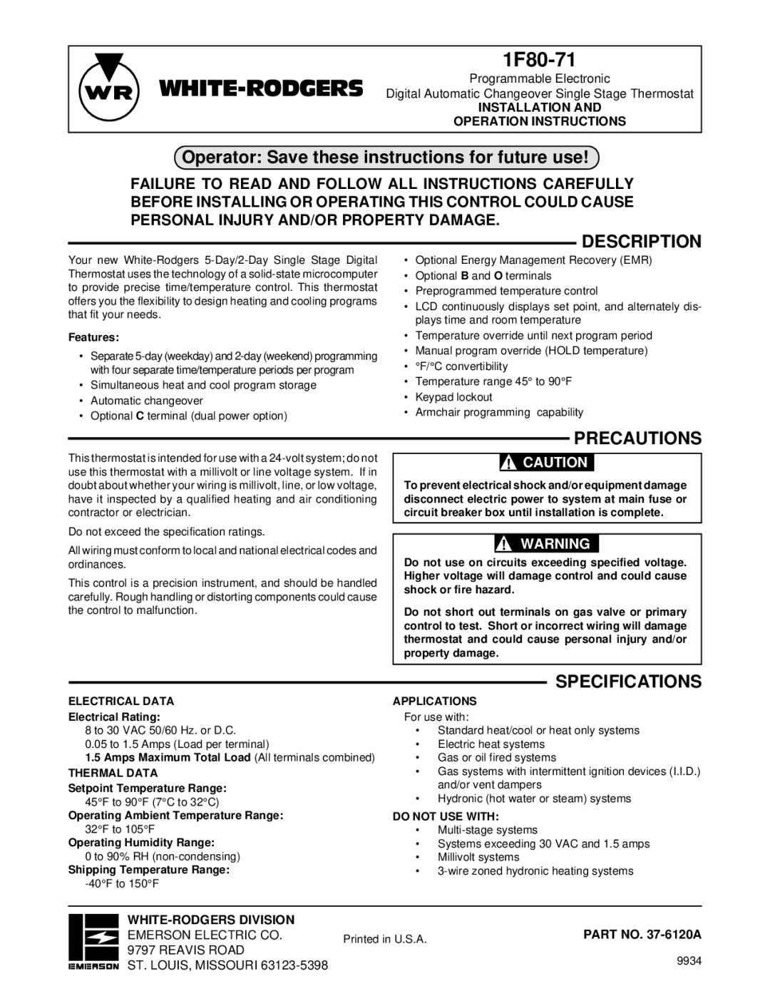 White Rodgers 1F80-71 specifications Description, Precautions, Specifications, Part no -6120A, ST. LOUIS, Missouri 