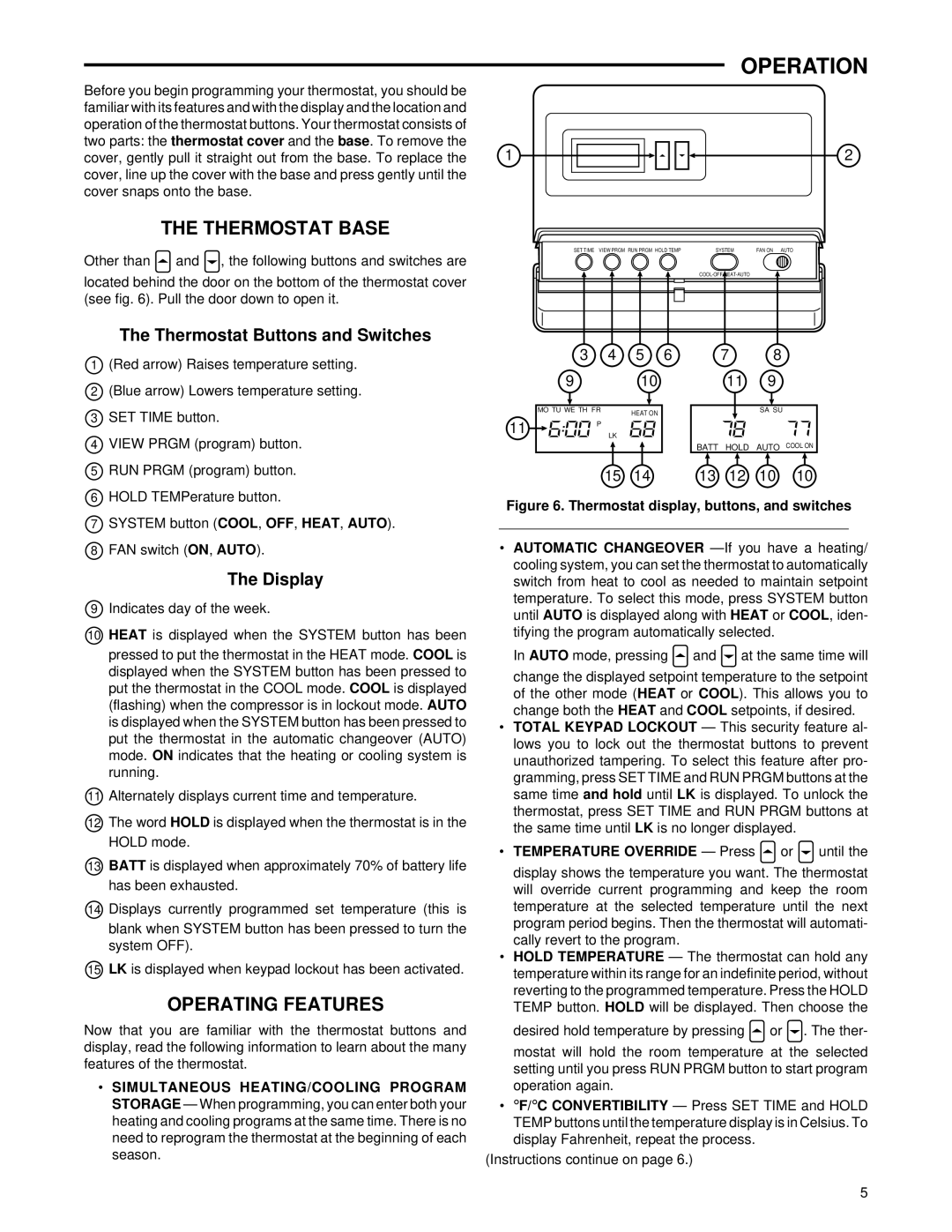 White Rodgers 1F80-71 specifications Operation, Thermostat Base 