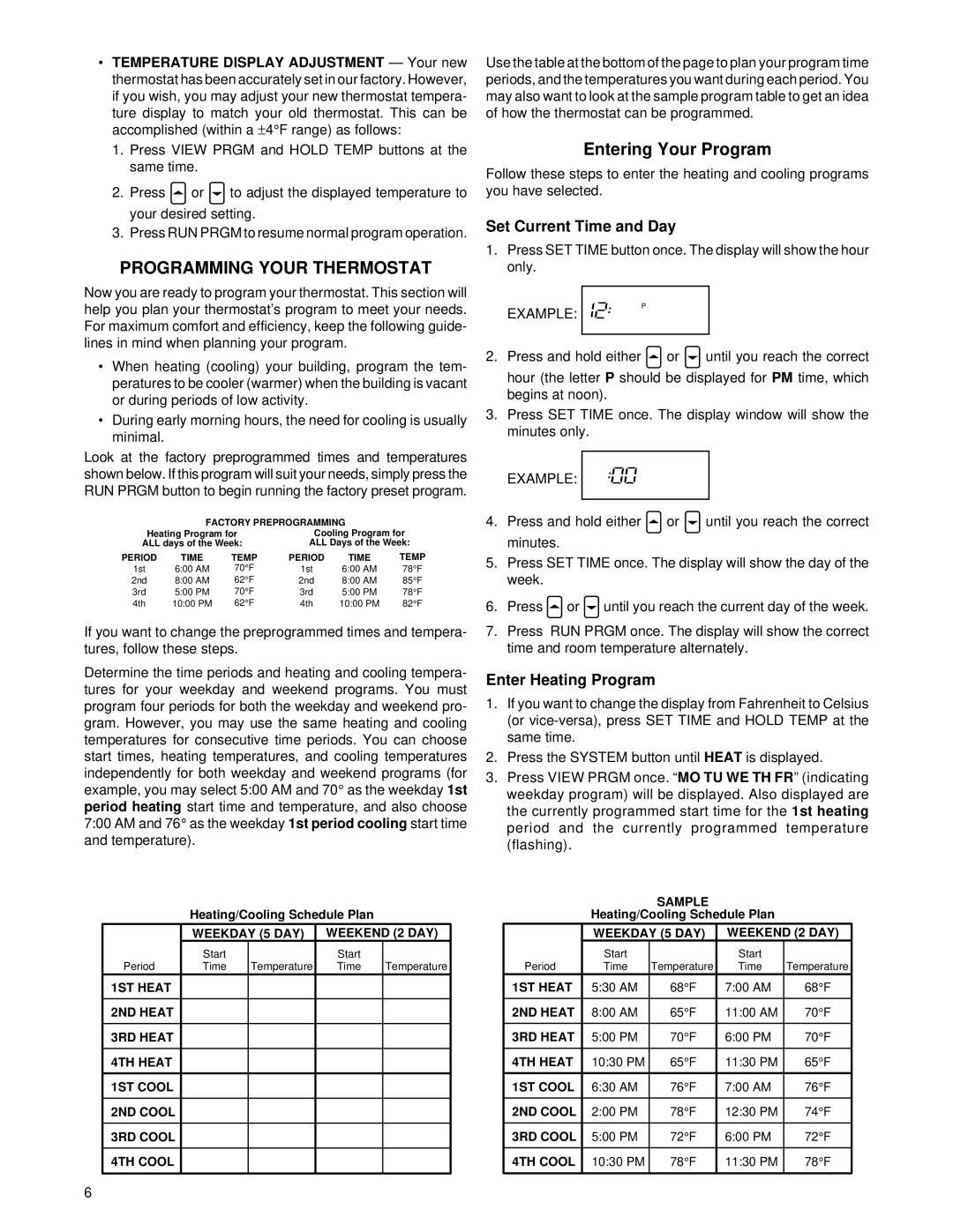 White Rodgers 1F80-71 specifications Entering Your Program, Set Current Time and Day, Enter Heating Program 