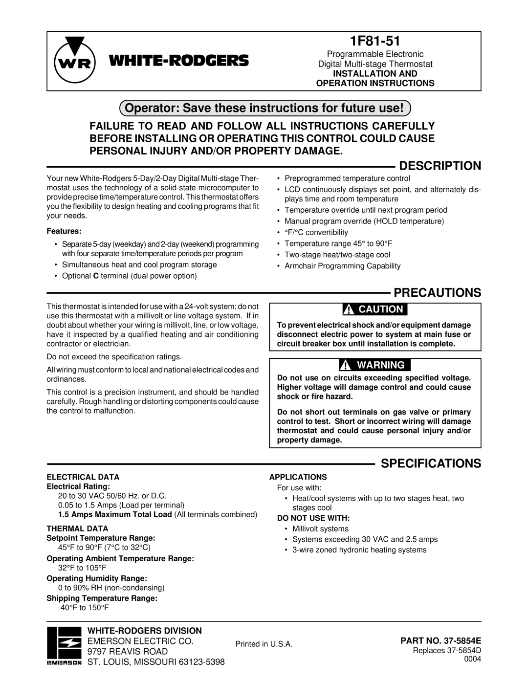 White Rodgers 1f81-51 specifications Description, Precautions, Specifications, Part no -5854E 