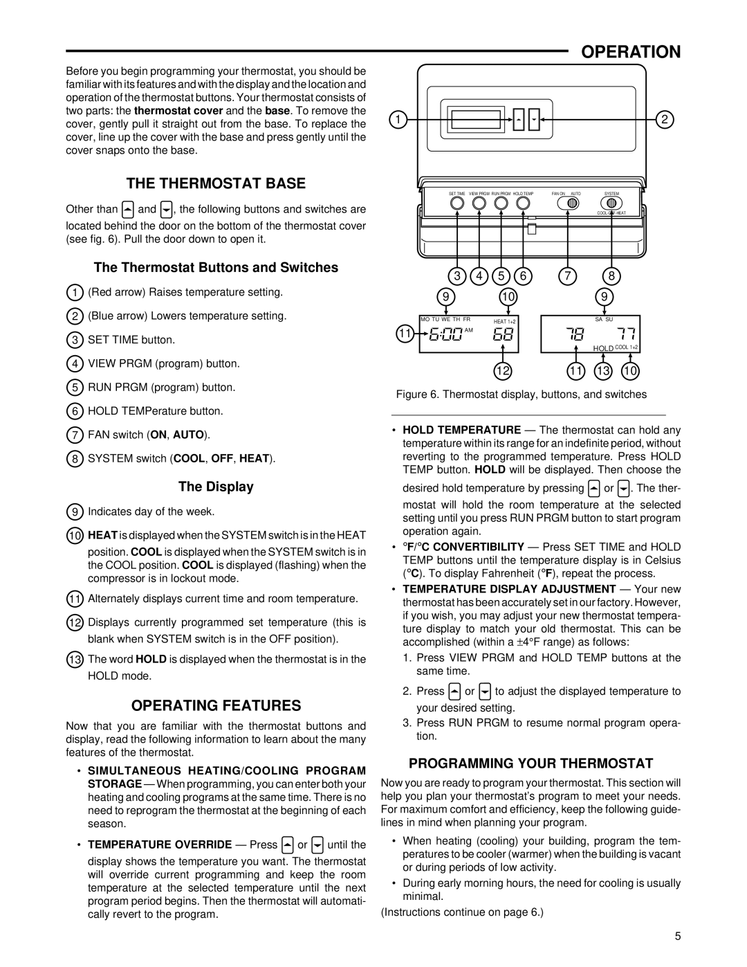 White Rodgers 1f81-51 Operation, Thermostat Base, Operating Features, Thermostat Buttons and Switches, Display 