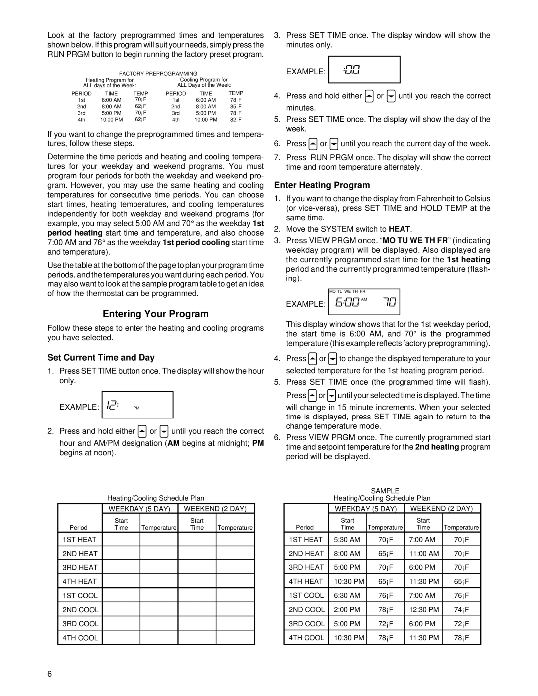 White Rodgers 1f81-51 specifications Entering Your Program, Enter Heating Program, Set Current Time and Day 