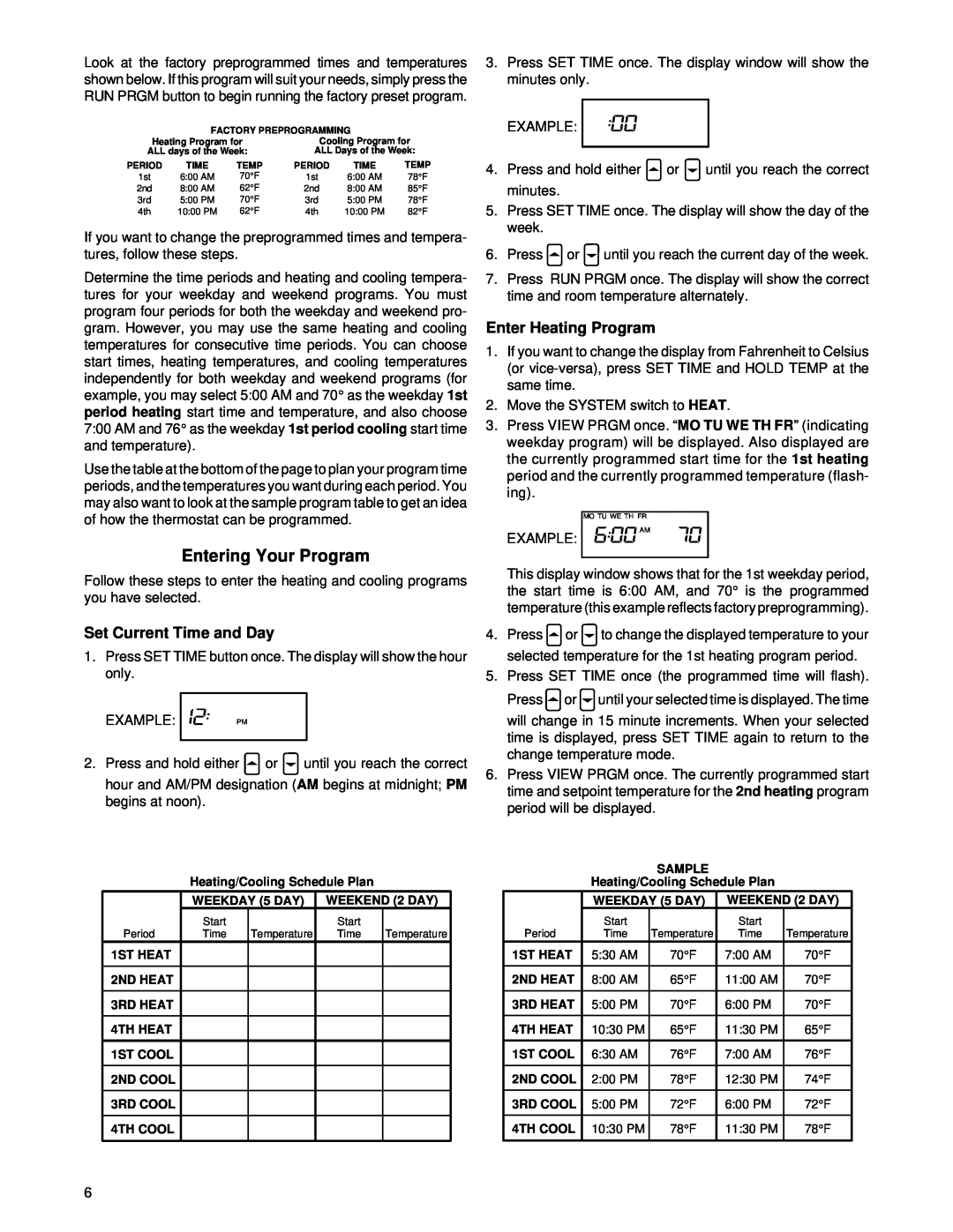 White Rodgers 1f81-51 specifications Entering Your Program, Enter Heating Program, Set Current Time and Day 