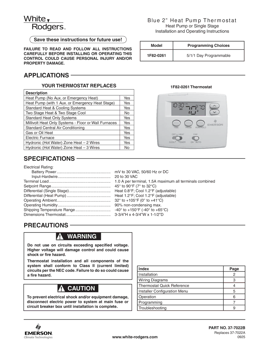 White Rodgers 1F82-0261 specifications Applications, Specifications, Precautions, Save these instructions for future use 