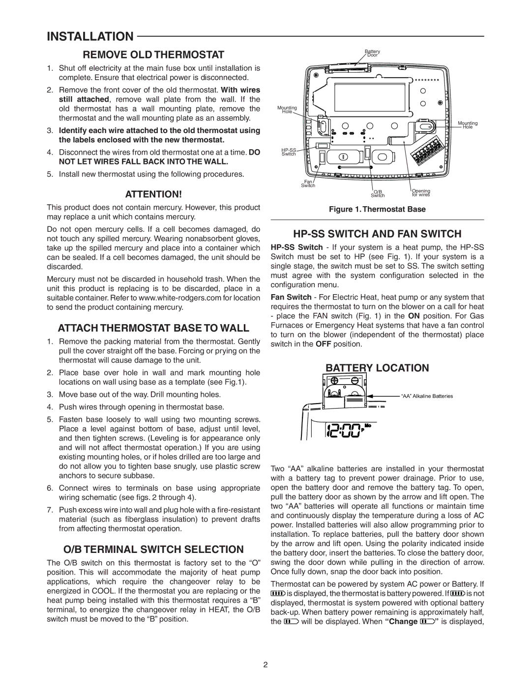 White Rodgers 1F82-0261 specifications Installation 