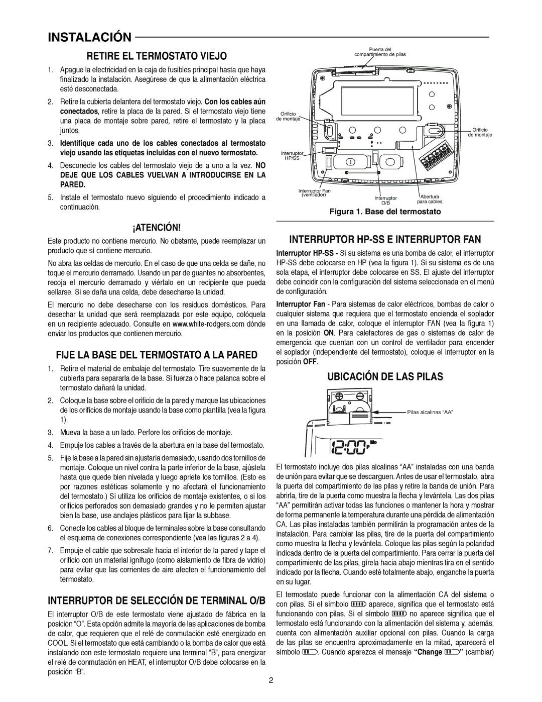 White Rodgers 1F82-0261 manual Instalación, Retire EL Termostato Viejo, Interruptor HP-SS E Interruptor FAN 