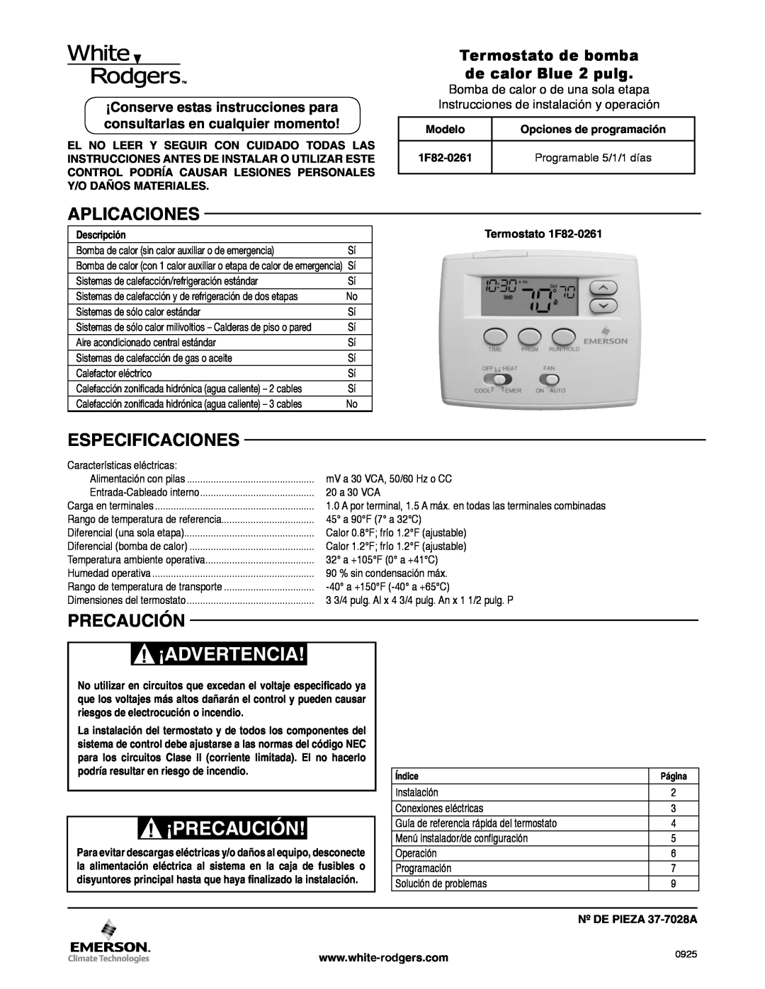 White Rodgers 1F82-0261 manual ¡Advertencia, ¡Precaución, Aplicaciones, Especificaciones, Modelo, Opciones de programación 