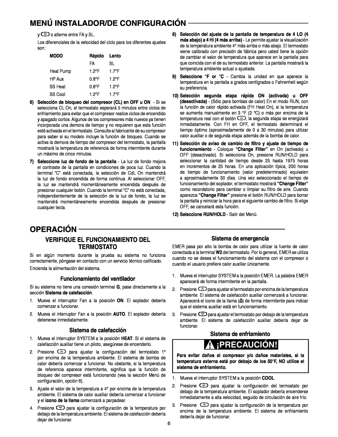 White Rodgers 1F82-0261 manual Operación, Termostato, Verifique El Funcionamiento Del, Funcionamiento del ventilador, Modo 
