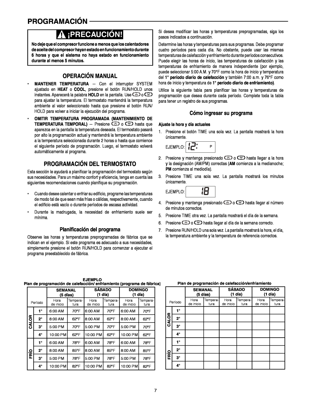 White Rodgers 1F82-0261 manual Operación Manual, Programación Del Termostato, Planificación del programa, ¡Precaución 