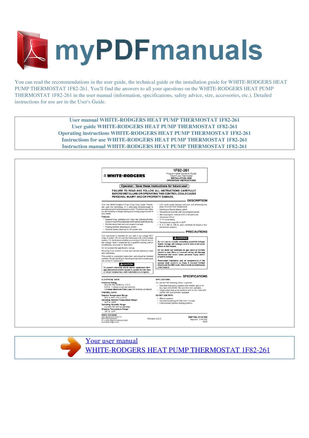 White Rodgers user manual WHITE-RODGERS Heat Pump Thermostat 1F82-261 