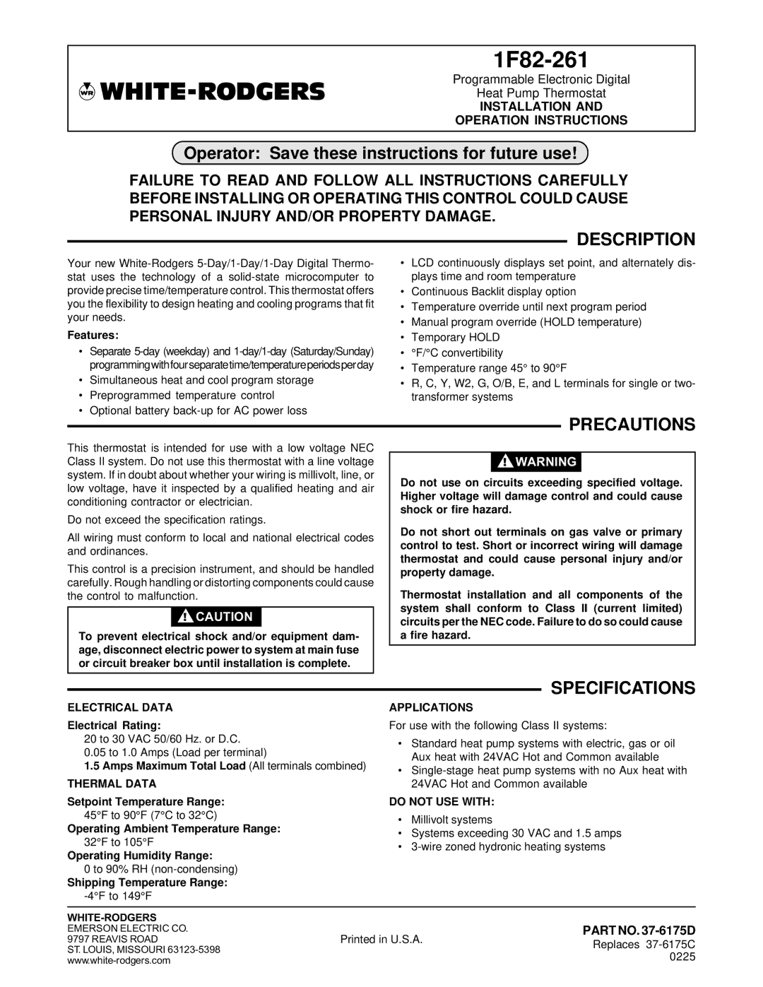 White Rodgers 1F82-261 specifications Description, Precautions, Specifications, Part no -6175D 