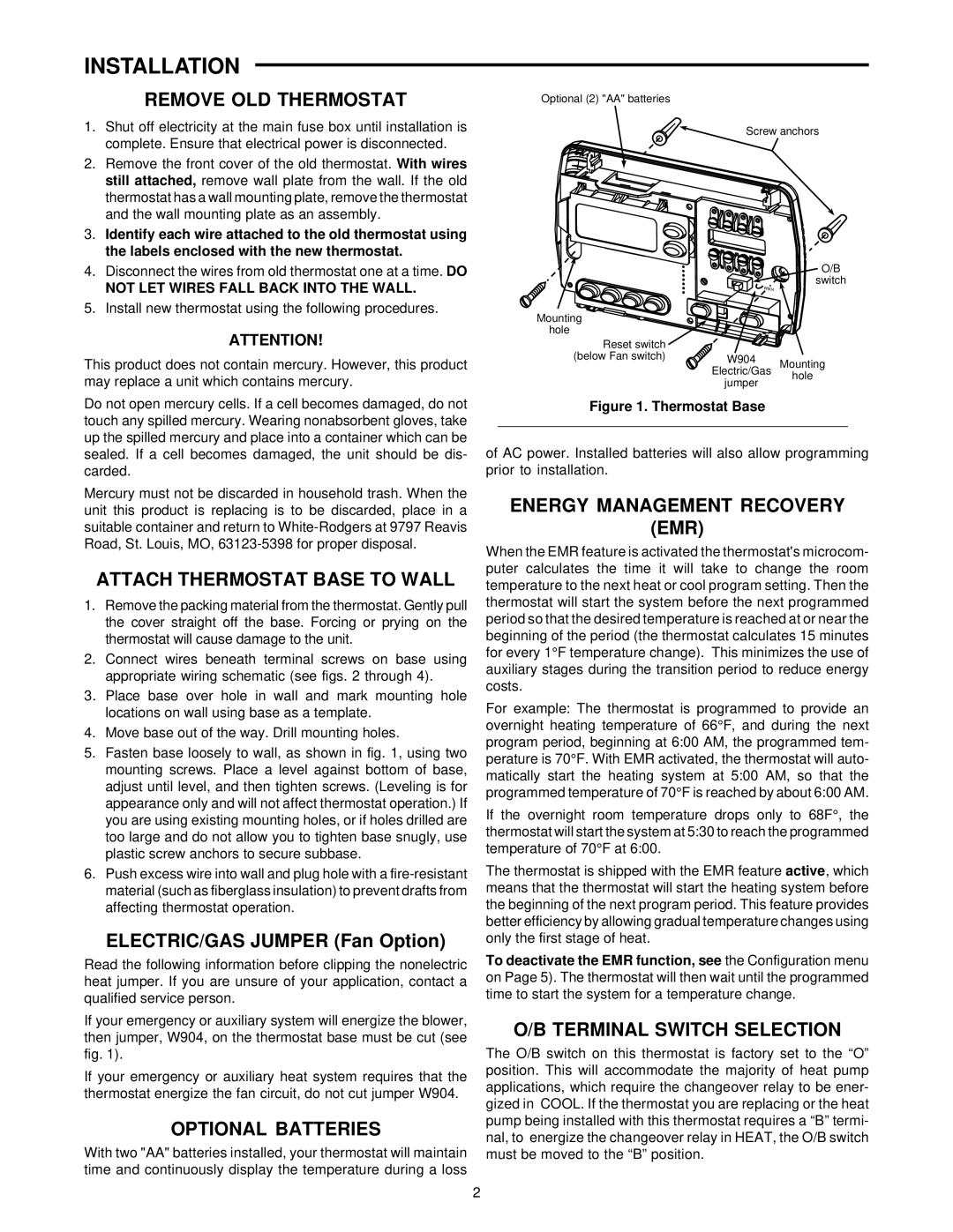 White Rodgers 1F82-261 specifications Installation 