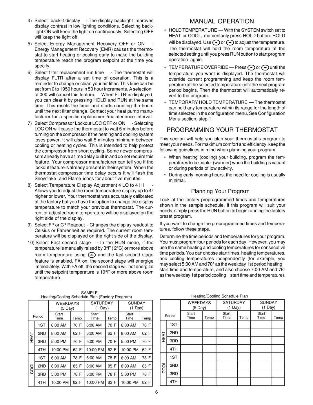 White Rodgers 1F82-261 specifications Manual Operation, Programming Your Thermostat, Planning Your Program 