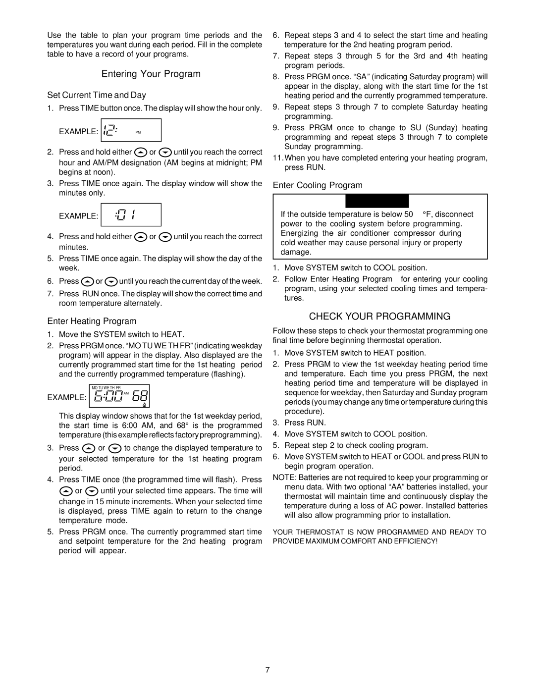 White Rodgers 1F82-261 Entering Your Program, Set Current Time and Day, Enter Heating Program, Enter Cooling Program 