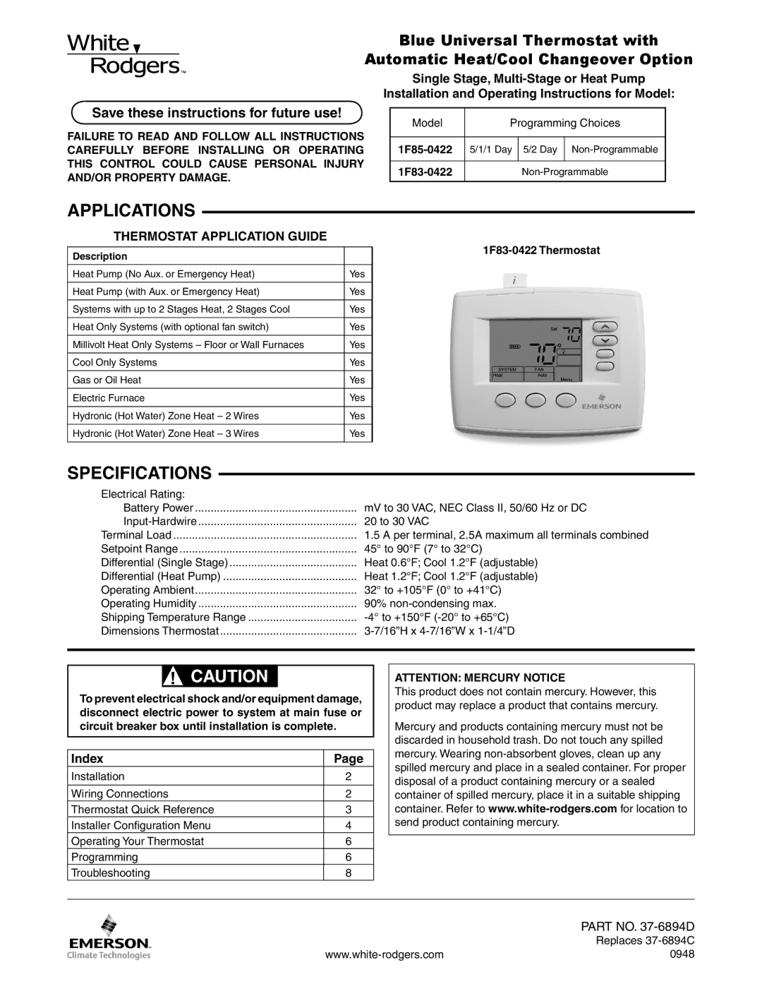 White Rodgers 1F83-0422 specifications Applications, Specifications, Save these instructions for future use, Index 