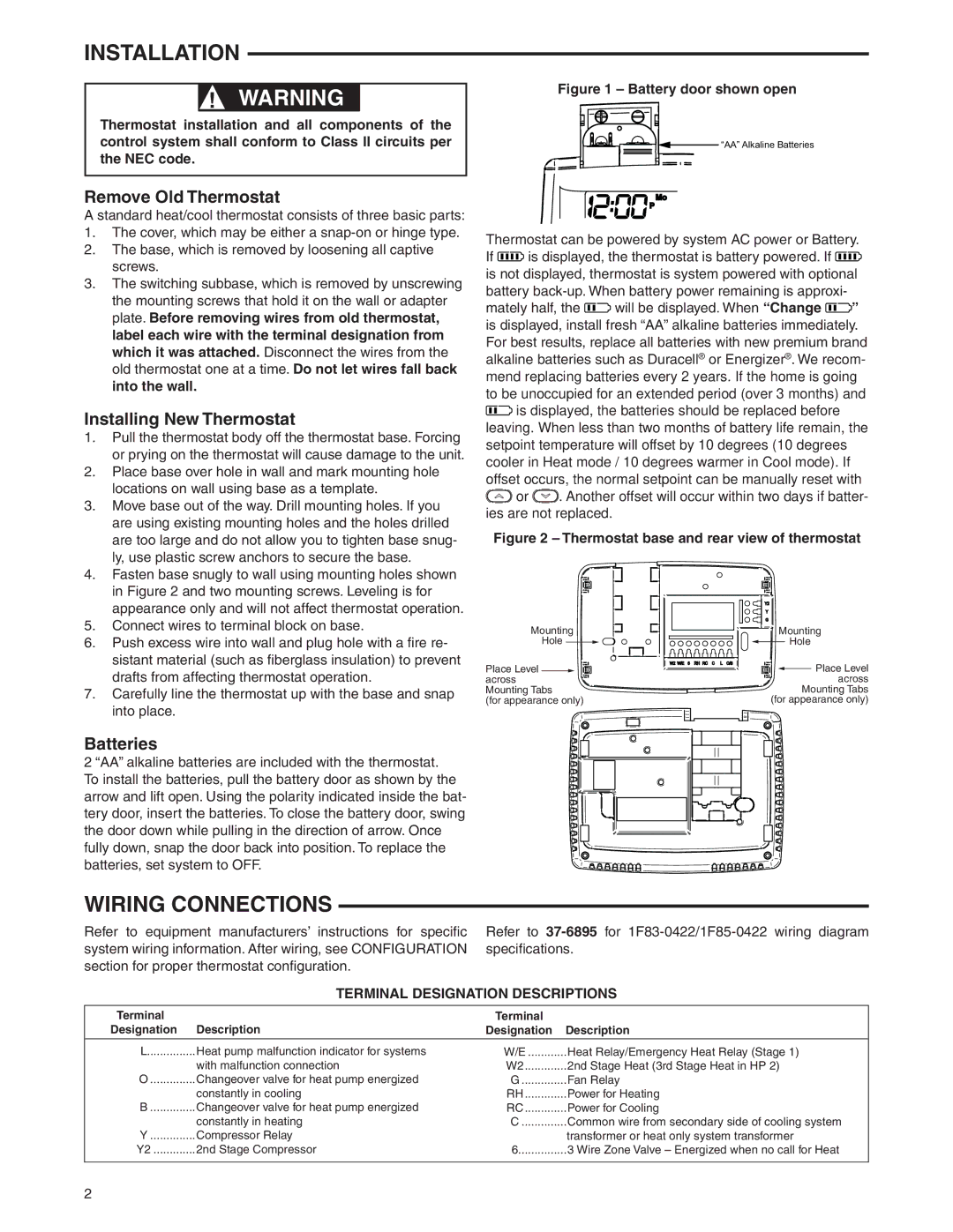 White Rodgers 1F83-0422 Installation, Wiring Connections, Remove Old Thermostat, Installing New Thermostat, Batteries 