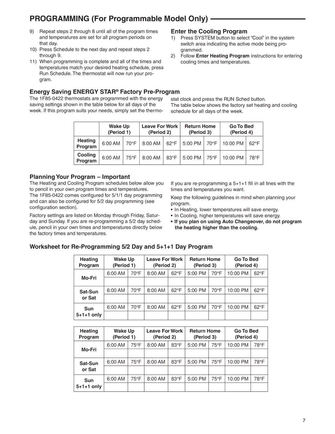 White Rodgers 1F83-0422 specifications Enter the Cooling Program, Energy Saving Energy Star Factory Pre-Program 