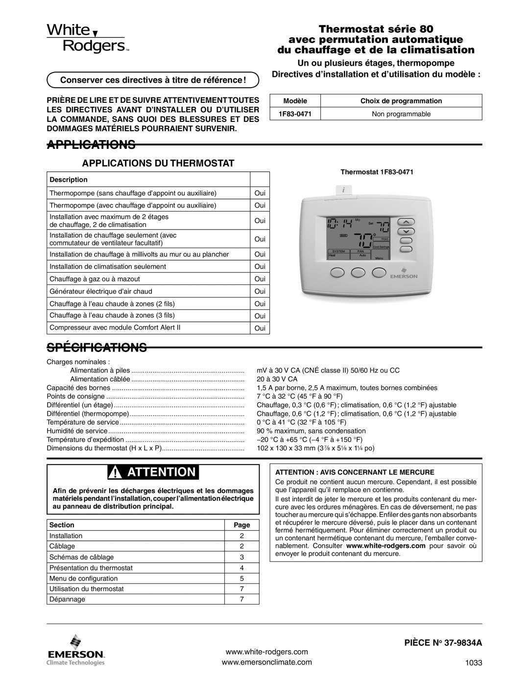 White Rodgers 1f83-0471 dimensions Spécifications, Applications Du Thermostat, du chauffage et de la climatisation 