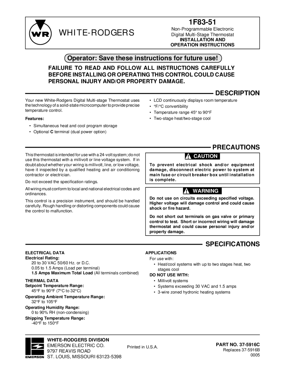 White Rodgers 1F83-51 specifications Description, Precautions, Specifications 