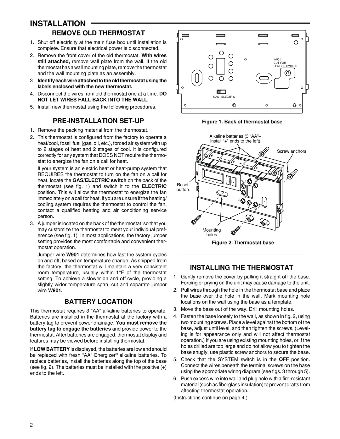 White Rodgers 1F83-51 Remove OLD Thermostat, Pre-Installation Set-Up, Battery Location, Installing the Thermostat 