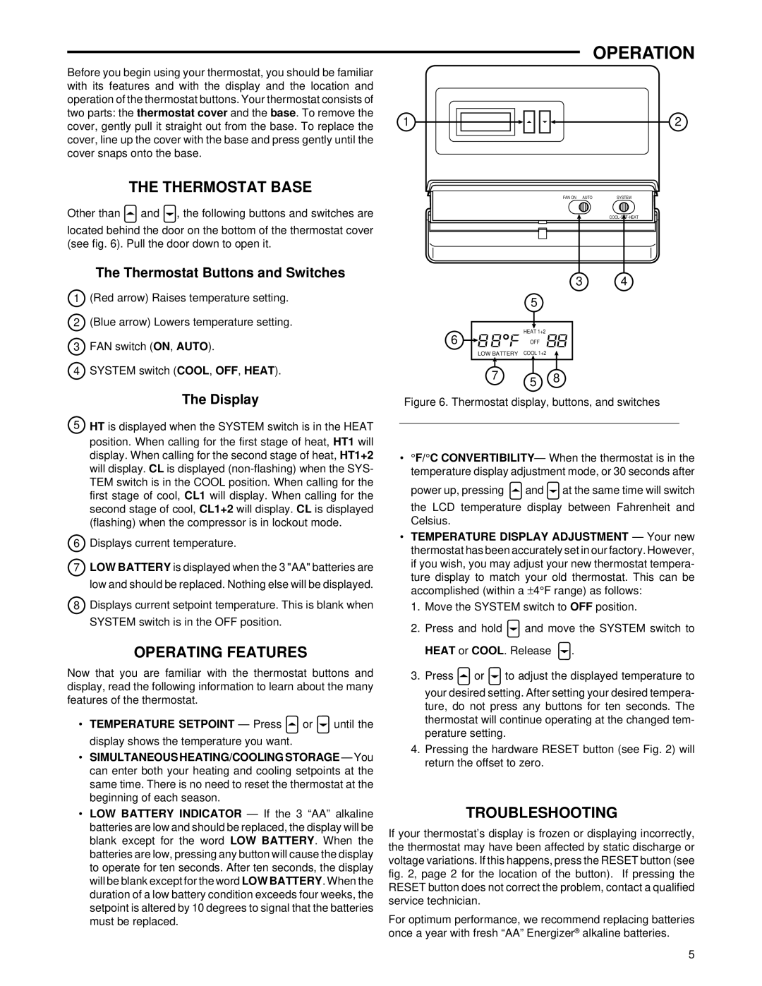 White Rodgers 1F83-51 specifications Operation, Thermostat Base, Operating Features, Troubleshooting 