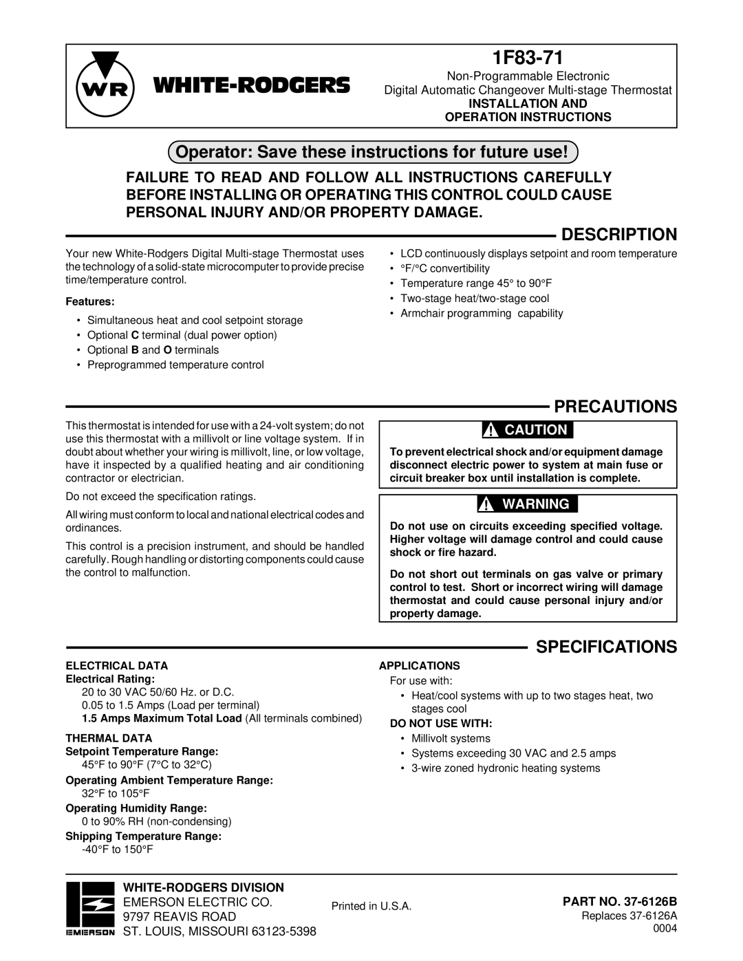 White Rodgers 1F83-71 specifications Description, Precautions, Specifications 