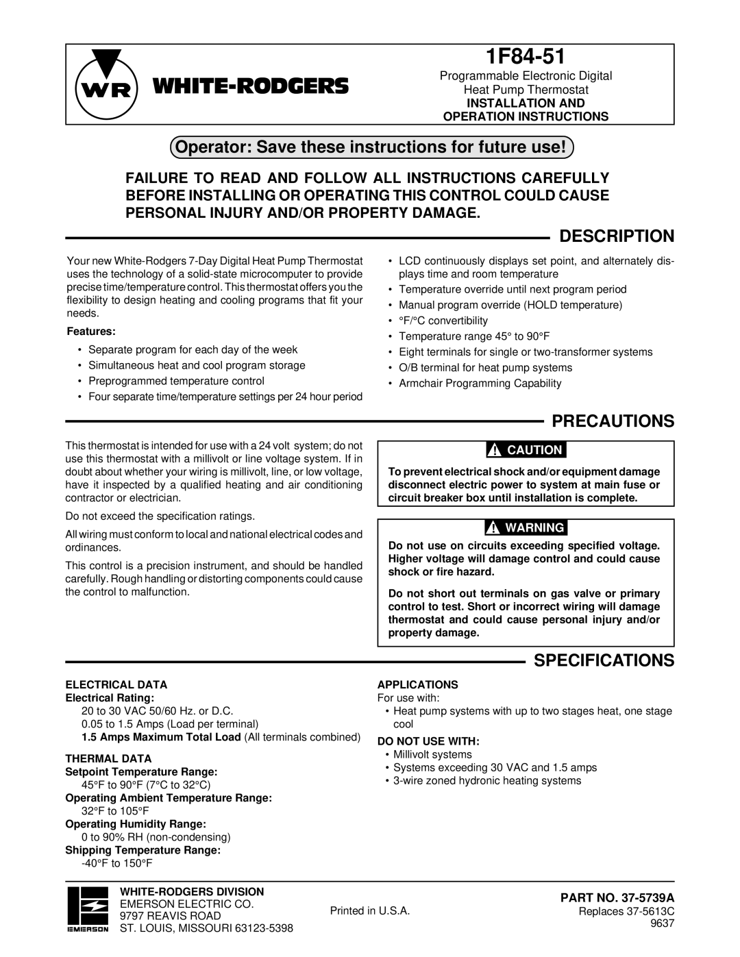 White Rodgers 1F84-51 specifications Description, Precautions, Specifications, Part no -5739A 