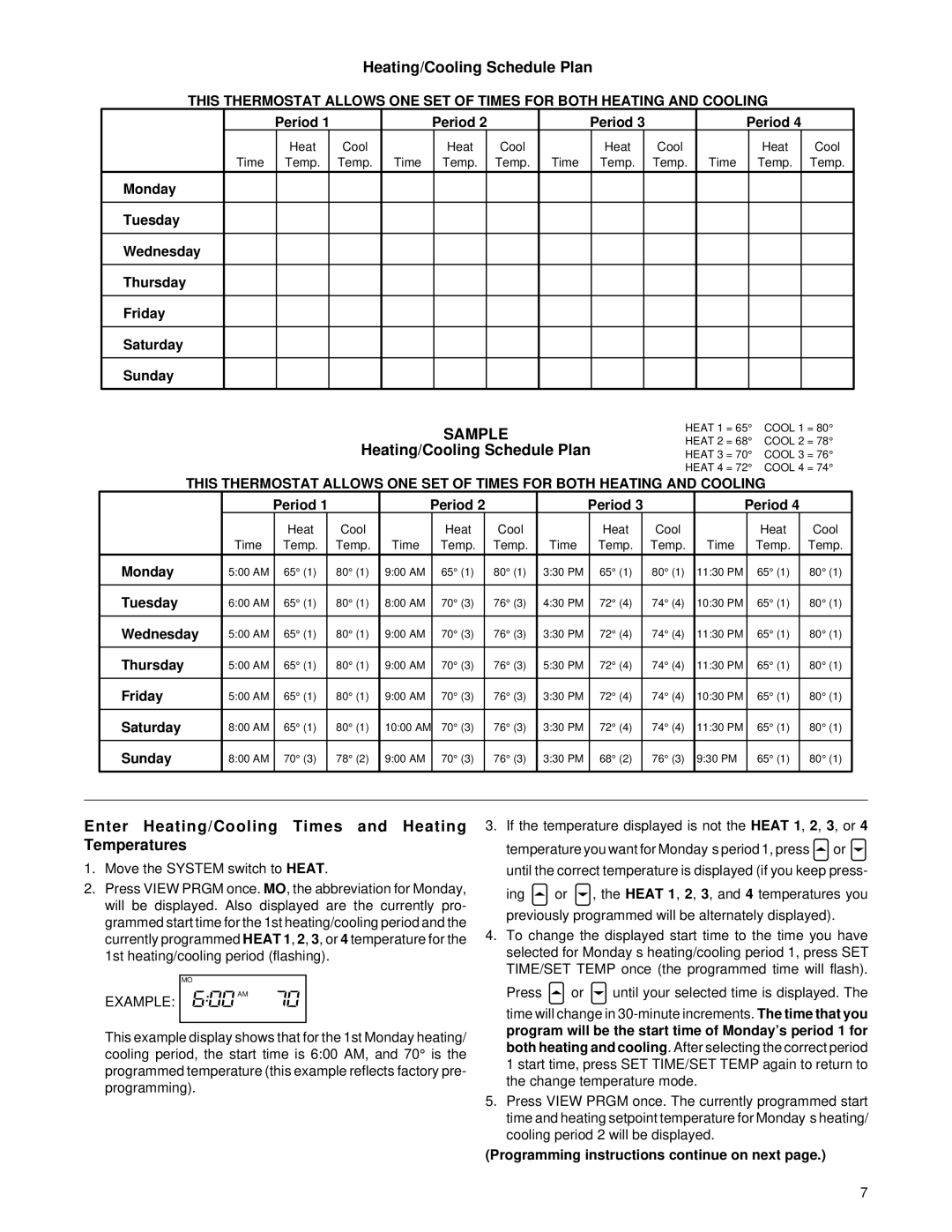 White Rodgers 1F84-51 specifications Heating/Cooling Schedule Plan, Enter Heating/Cooling Times and Heating Temperatures 